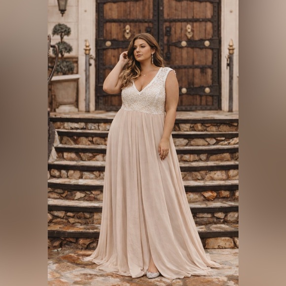 Morilee By Madeline Gardner Evening Gown Formal Lace Chiffon Beige Dress 20 - Picture 11 of 11